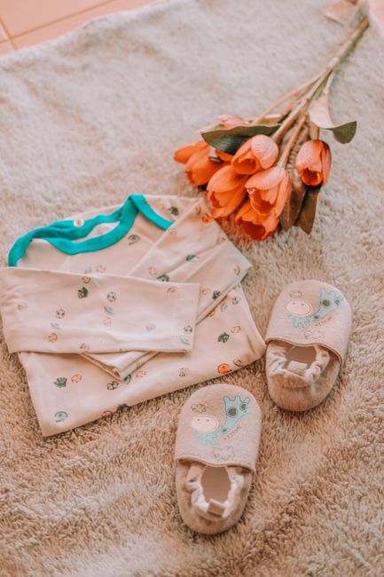 Adorable flat lay of baby clothes with tulips on soft fabric